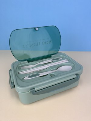 Ланч бокс однорівневий на 3 відсіки з столовими проборами Lunch Box "Airtight Leakproof" на 1200 мл, зелений КП2556 фото